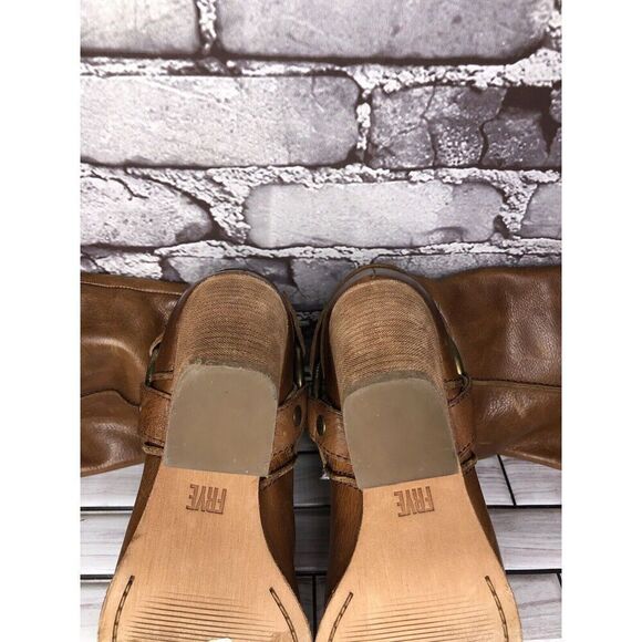 Frye Tan Brown Leather Harness Side Zipper Heel Boots Women Sz 6M US/37EU - Picture 6 of 15